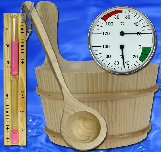 SAUNA SET 5tlg Kübel Sanduhr Thermometer Saunakübel Hygrometer 9