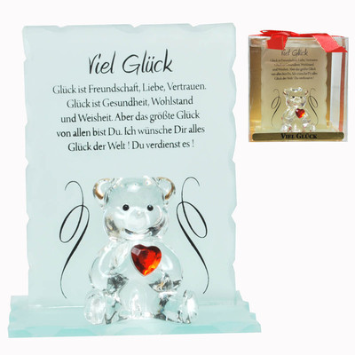 Kristall Bär Glas Viel Glück in Klarsichtbox mit Spruch Geschenk Liebe