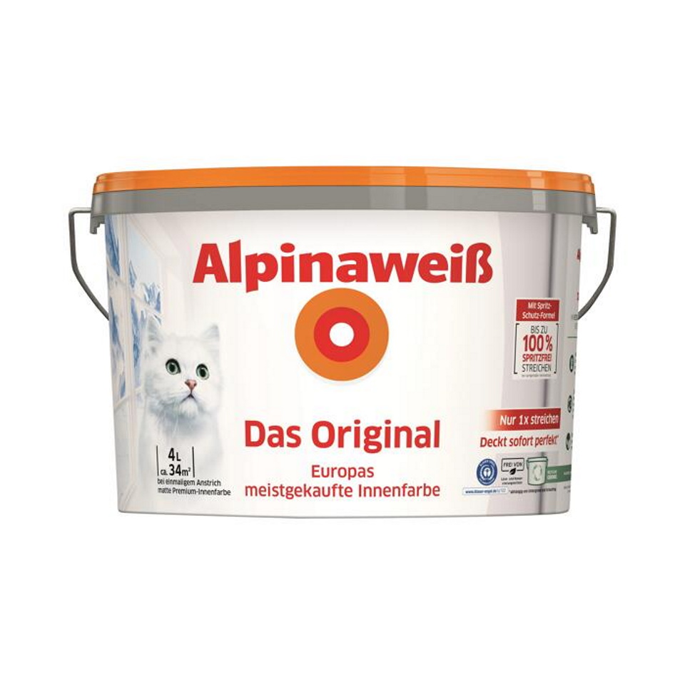 Alpinaweiß Das Original, 4 L. weiße Wandfarbe höchste Deckkraft, DO, Spritz-Frei