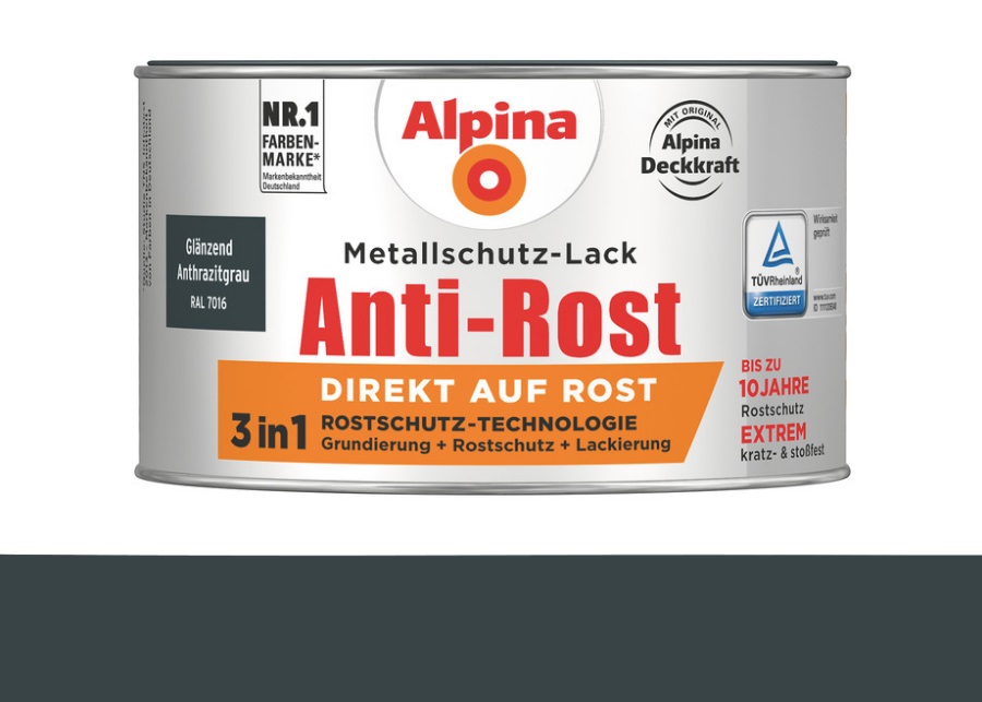 Alpina 300 ml Anti-Rost Metallschutz-Lack, 3in1, RAL 7016 Anthrazitgrau Glänzend