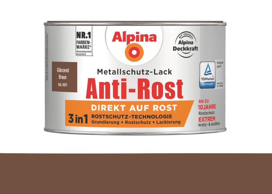Alpina 300 ml Anti-Rost Metallschutz-Lack, 3in1, RAL 8011 Braun Glänzend