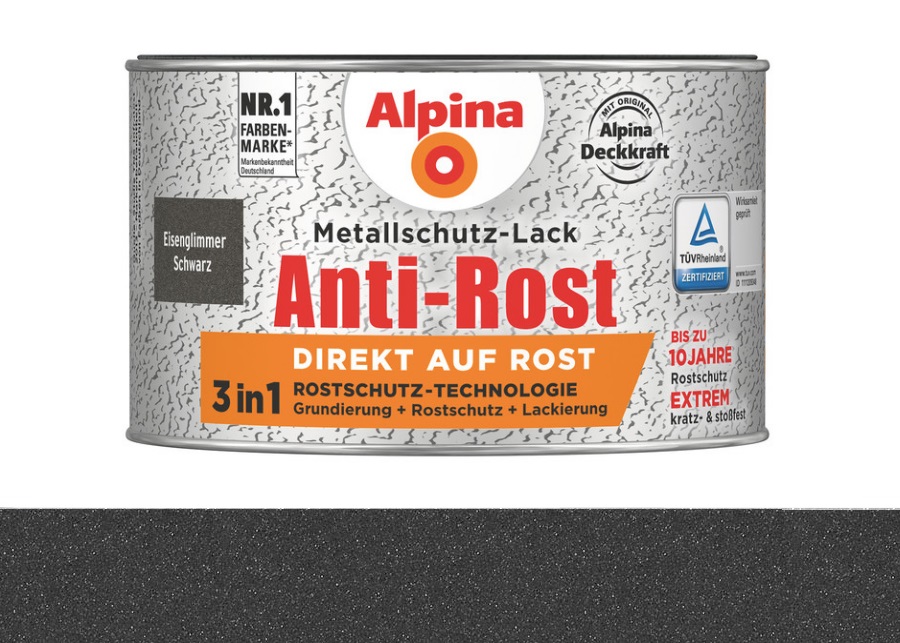 Alpina 300 ml Anti-Rost Metallschutz-Lack, Eisenglimmer Schwarz RAL 9005