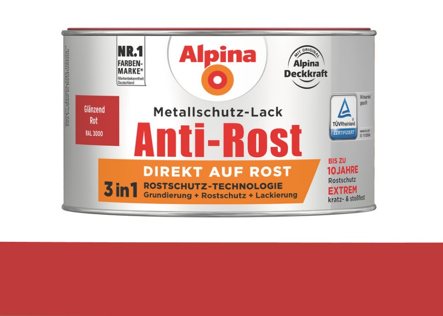 Alpina 300 ml Anti-Rost Metallschutz-Lack, 3in1, RAL 3000 Rot Glänzend