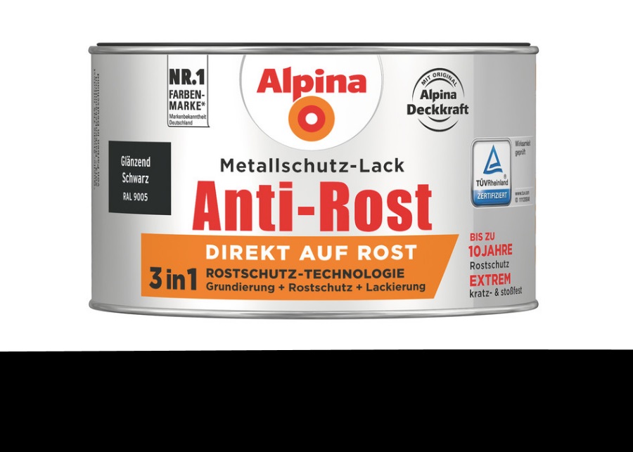 Alpina 300 ml Anti-Rost Metallschutz-Lack, 3in1, RAL 9005 Schwarz Glänzend