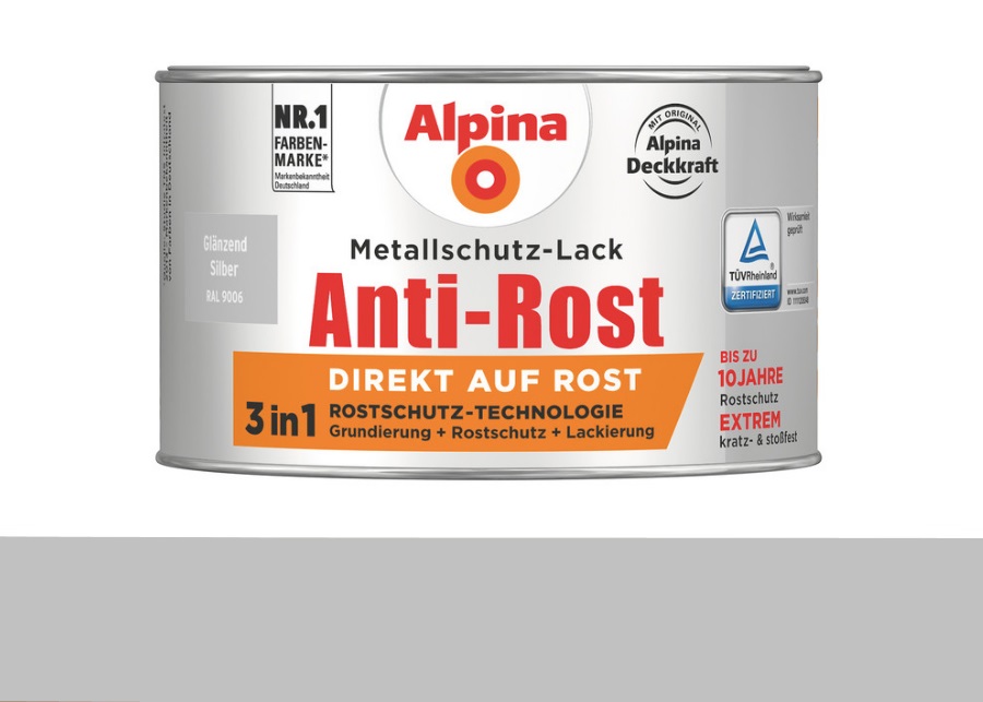 Alpina 300 ml Anti-Rost Metallschutz-Lack, 3in1, RAL 9006 Silber Glänzend