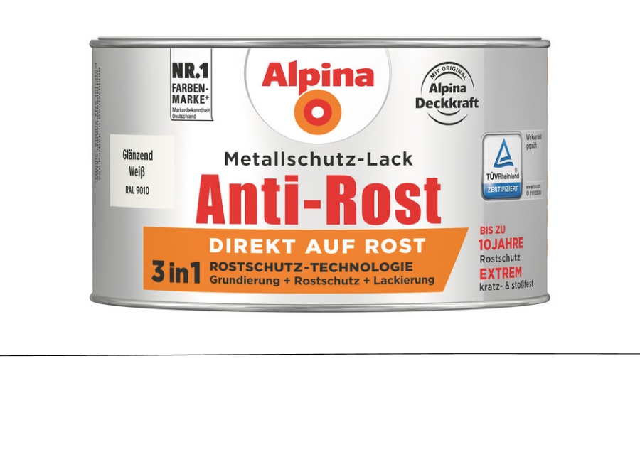 Alpina 300 ml Anti-Rost Metallschutz-Lack, 3in1, RAL 9010 Weiss Glänzend