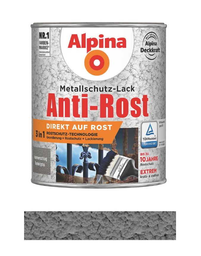 Alpina 2,5 L. Anti-Rost Metallschutz-Lack Hammerschlag Dunkelgrau RAL 9007