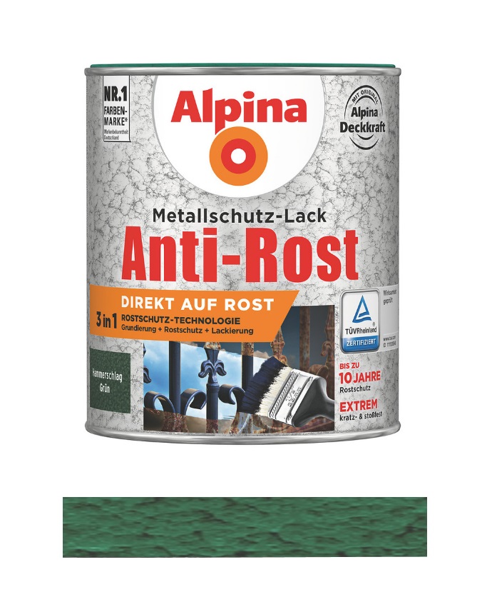 Alpina 2,5 L. Anti-Rost Metallschutz-Lack Hammerschlag Grün RAL 6036 auf Rost