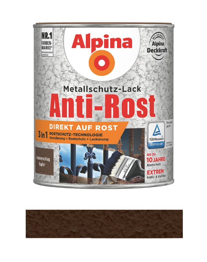 Alpina 750 ml Anti-Rost Metallschutz-Lack, Hammerschlag Kupfer RAL 8003 auf Rost