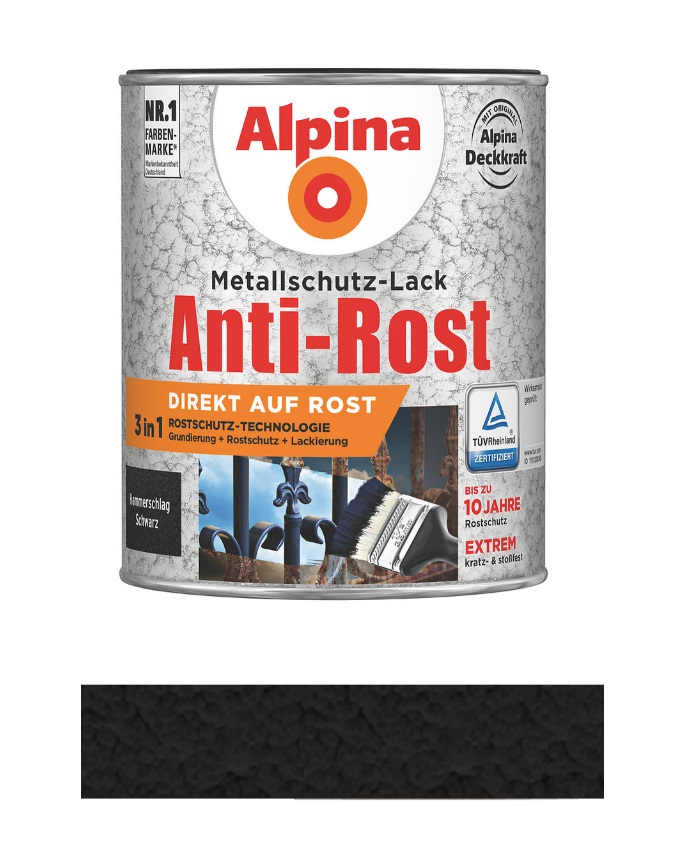 Alpina 750 ml Anti-Rost Metallschutz-Lack Hammerschlag Schwarz RAL 9005 auf Rost