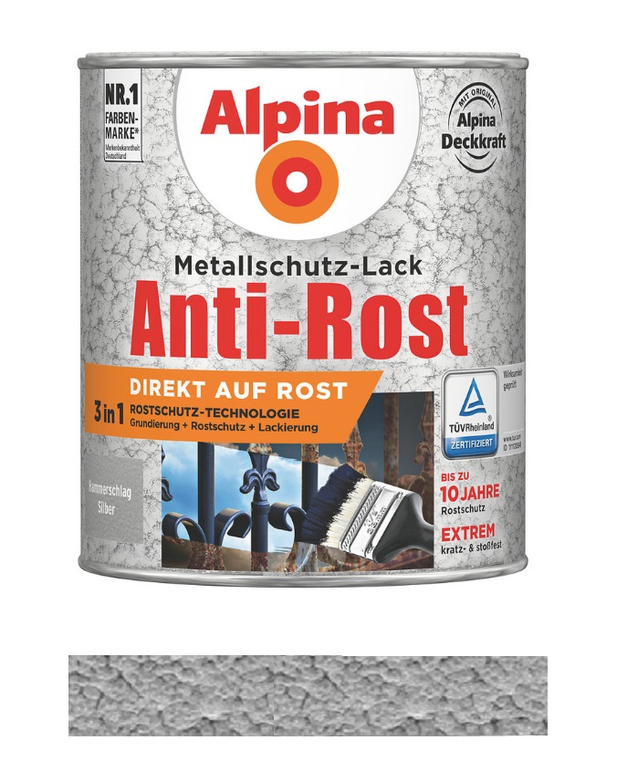 Alpina 750 ml Anti-Rost Metallschutz-Lack Hammerschlag Silber RAL 9006 auf Rost