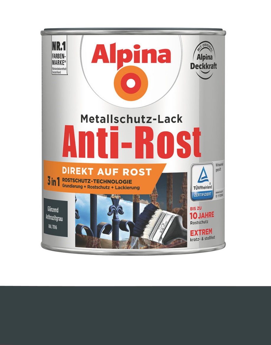 Alpina 750 ml Anti-Rost Metallschutz-Lack, 3in1, RAL 7016 Anthrazitgrau Glänzend