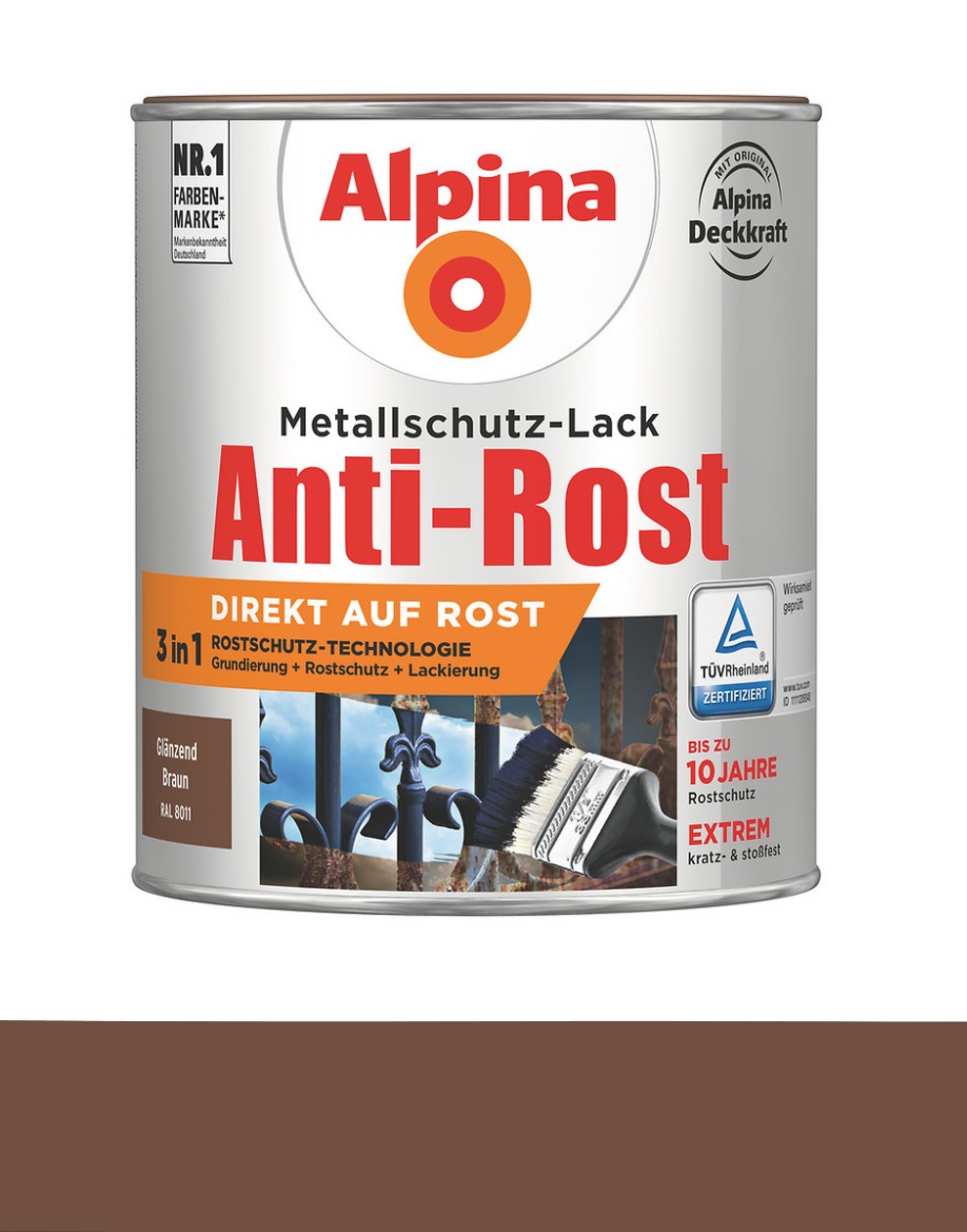 Alpina 2,5 L. Anti-Rost Metallschutz-Lack, 3in1, RAL 8011 Braun Glänzend