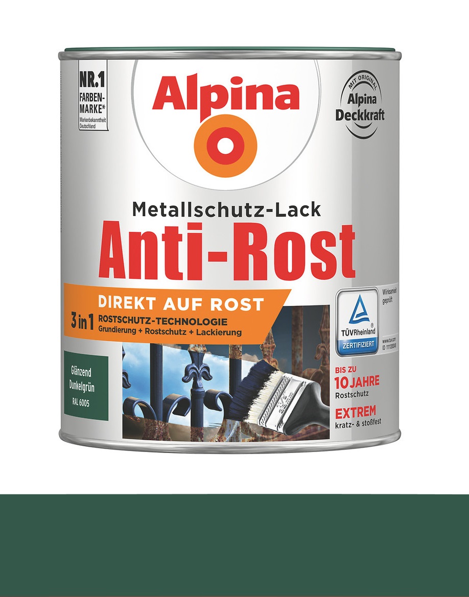 Alpina 750 ml Anti-Rost Metallschutz-Lack, 3in1, RAL 6005 Dunkelgrün Glänzend