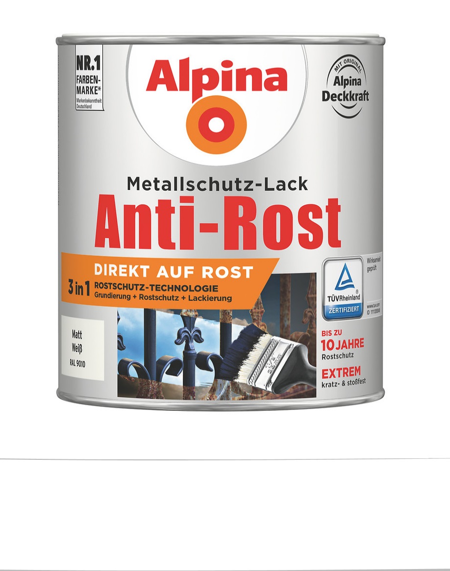 Alpina 750 ml Anti-Rost Metallschutz-Lack, 3in1, RAL 9010 Weiss Matt