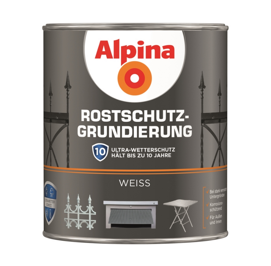 Alpina 750 ml Rostschutz Grundierung, Korrosionsschützend, Innen, Außen Weiss