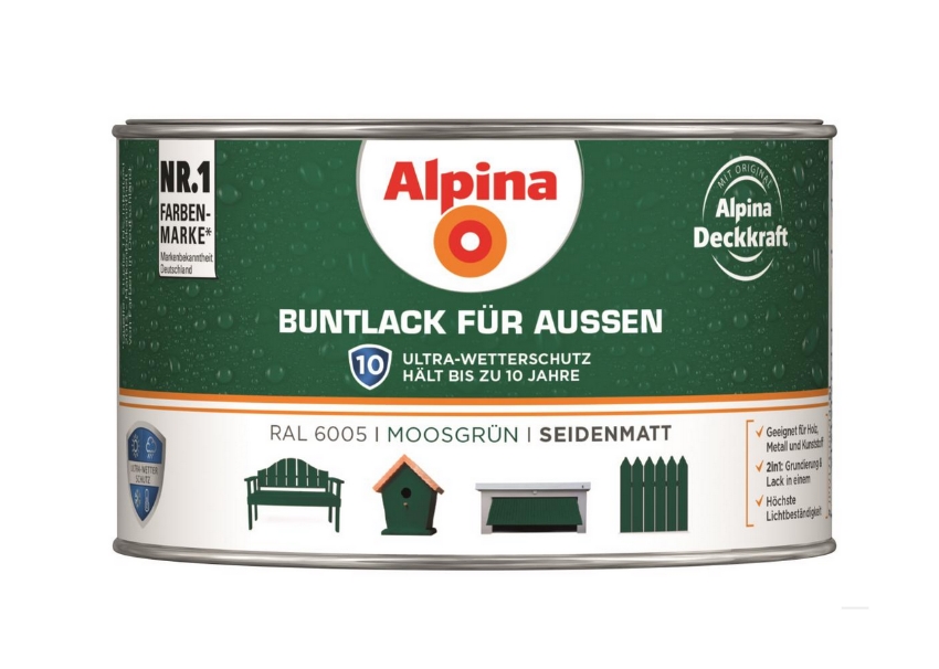Alpina 300 ml Buntlack für Aussen Wetterschutz RAL 6005 Moosgrün Seidenmatt