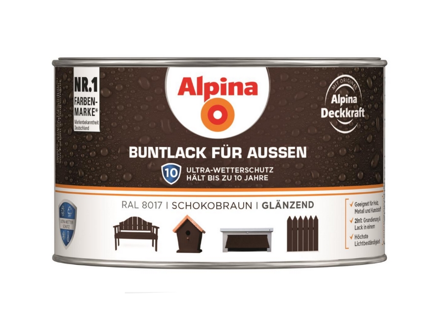 Alpina 300 ml Buntlack für Aussen, Wetterschutz RAL 8017 Schokobraun Glänzend