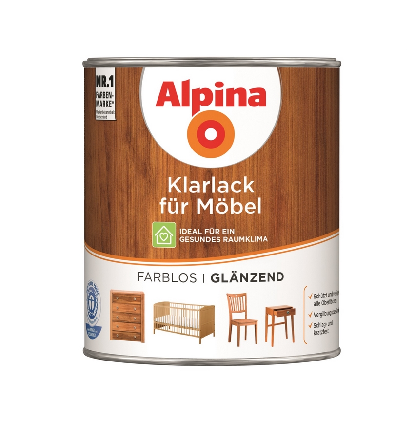 Alpina 750 ml Klarlack für Möbel Glänzend, Acryl-Lack, beanspruchte Oberflächen