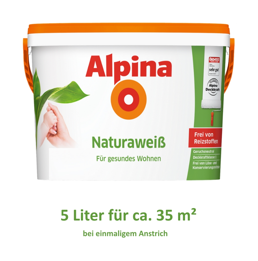 Alpina 5 L. Naturaweiss, Wandfarbe Weiß matt, Allergiker, frei von Reizstoffen