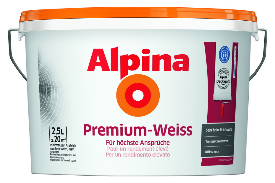 Alpina 2,5 L. Premium Weiss, weiße Wandfarbe, beste Deckkraft, für ca. 20 m²