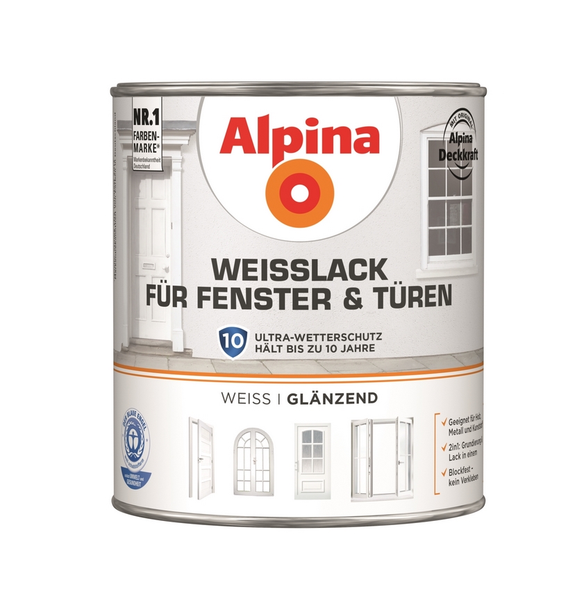 Alpina 2 L. Weisslack für Fenster & Türen, Innen Außen ca