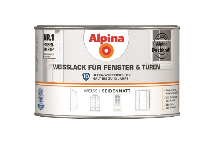 Alpina 300 ml Weisslack für Fenster & Türen, Innen, Außen, Weiss Seidenmatt