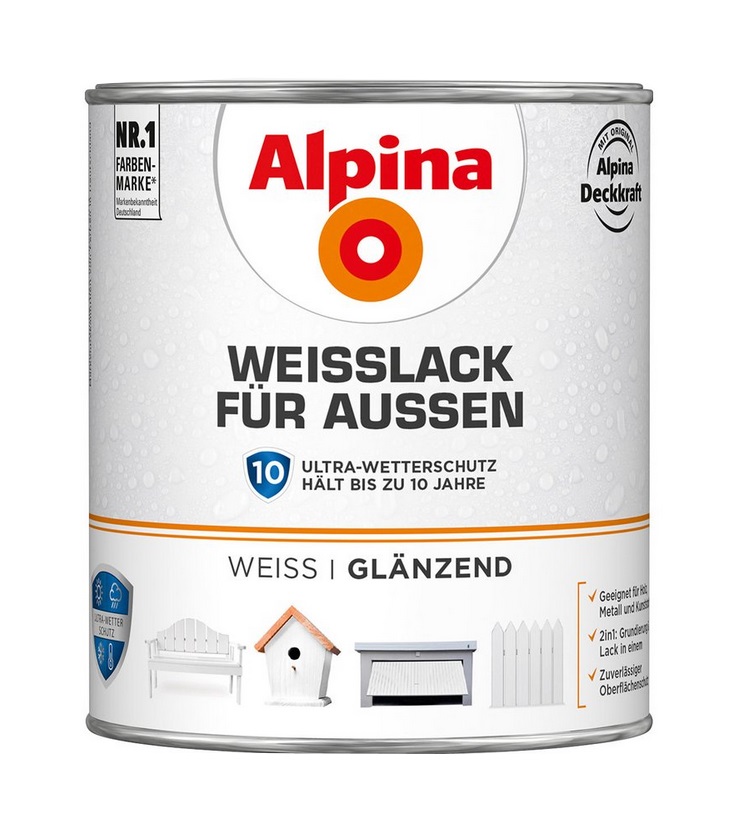 Alpina 750 ml Weisslack für Aussen, Wetterschutz Weiss Glänzend, hochdeckend