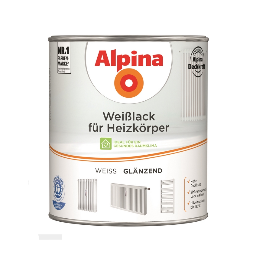 Alpina Lack 2 L. Weißlack für Heizkörper, Glänzend, 2in1 Acryl Lack, ca. 26 m²