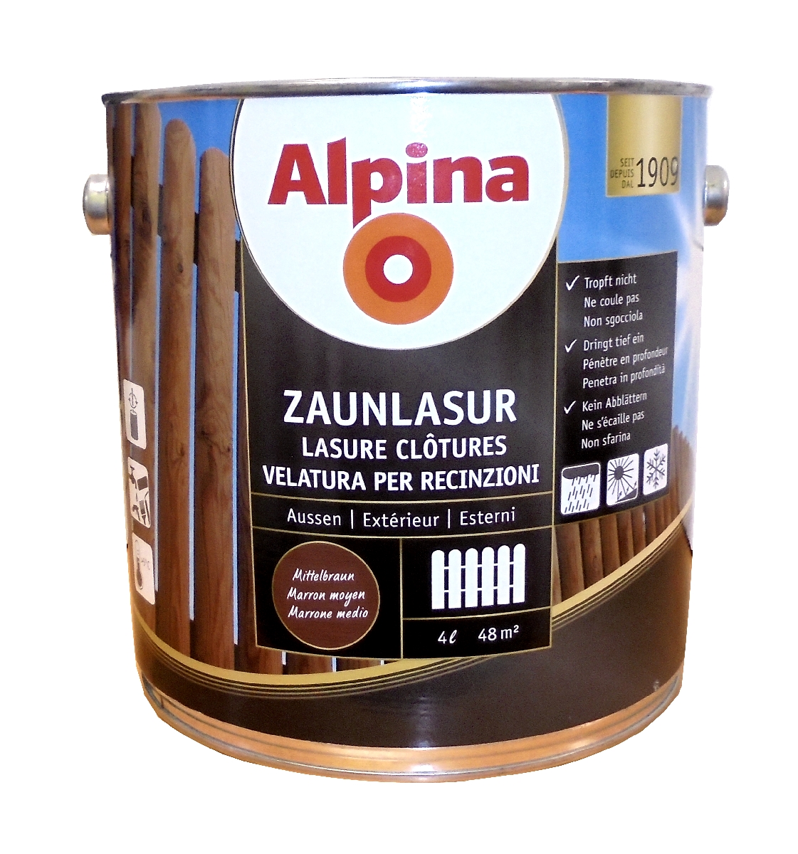 Alpina Zaunlasur, Holzlasur, 4 Liter, Mittelbraun, Außen, Dünnschichtlasur
