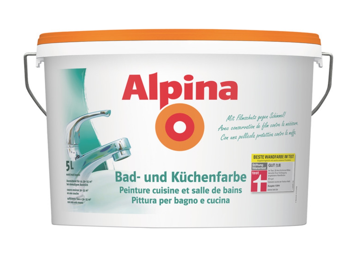 Alpina 5 L. Bad und Küchenfarbe, Filmschutz gegen Schimmel, Weiß Matt 30-35 m²