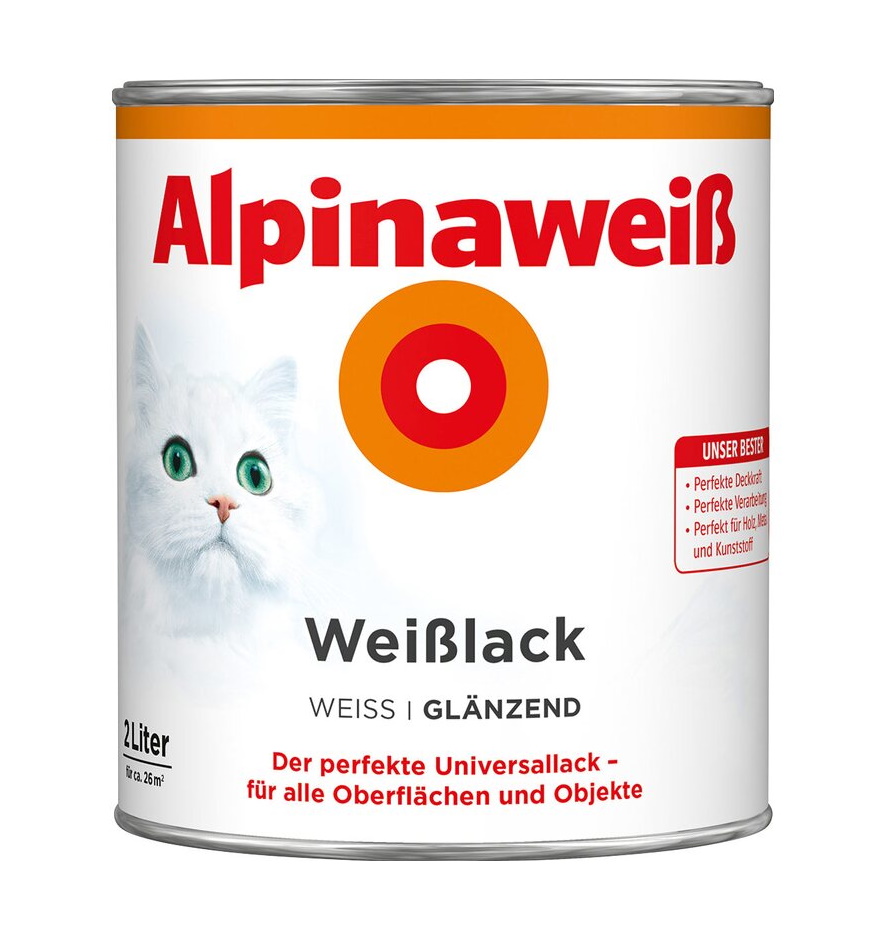 Alpinaweiß 2 L Weißlack Glänzend 2in1 Grundierung & Lack, Acryl-Lack für 26 m²