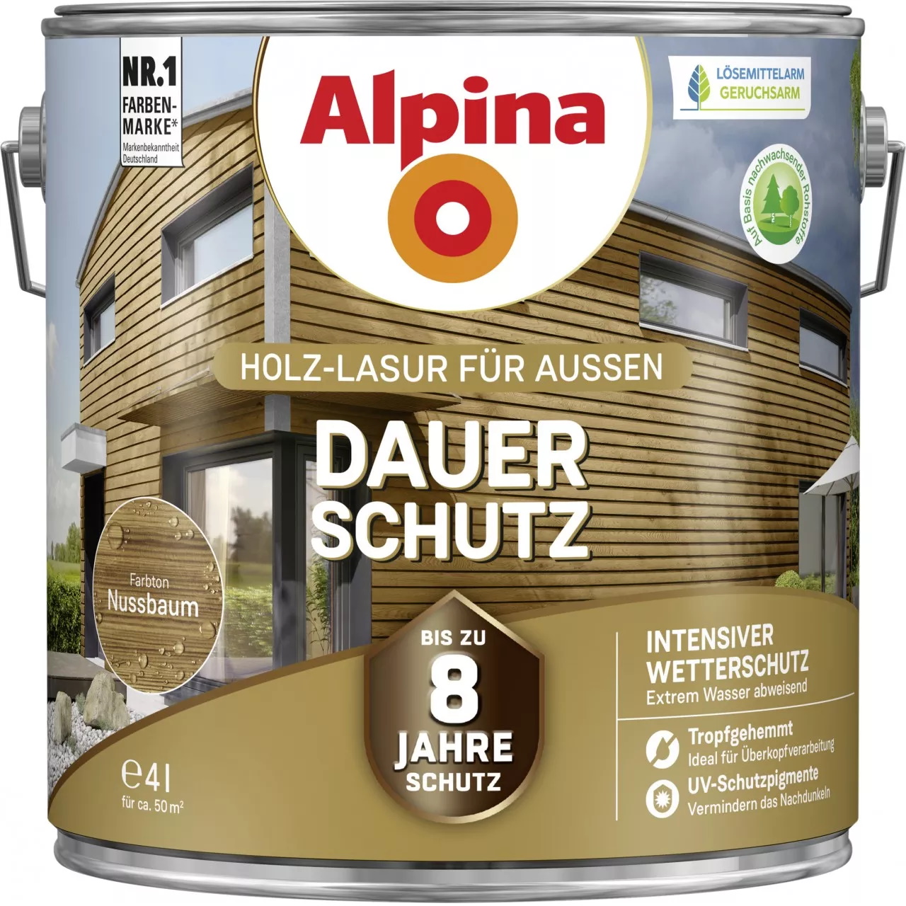Alpina Dauer-Schutz Holz-Lasur für Außen Nussbaum 4 Liter