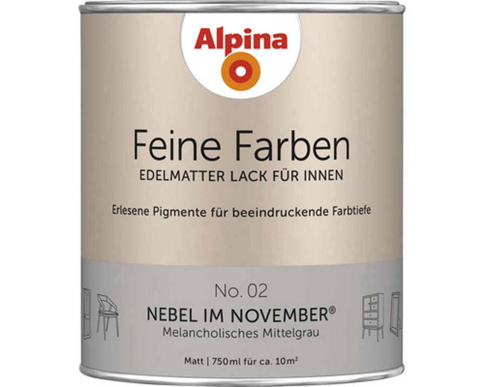 Alpina Feine Farben Lack, edelmatter Lack für Innen, No. 02 Nebel im November 750 ml