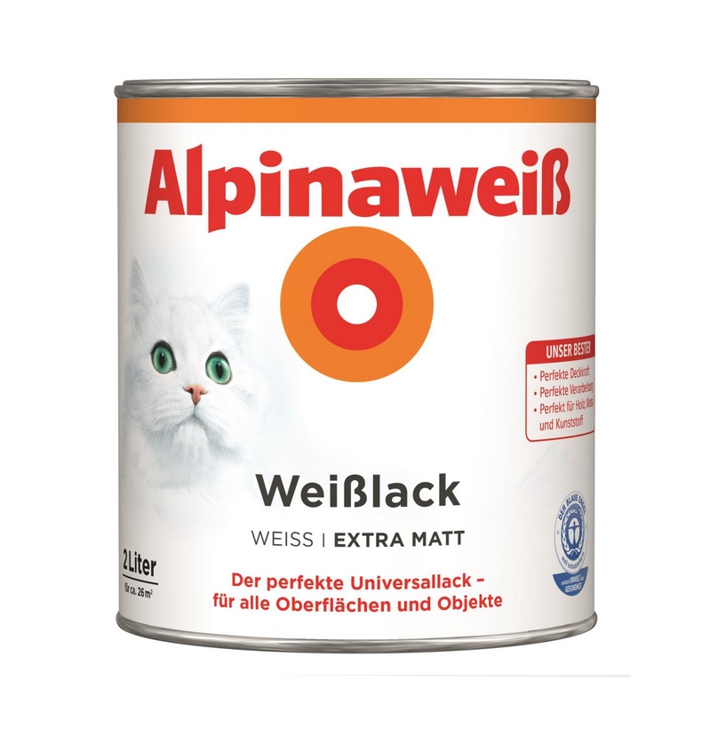 Alpinaweiß 2 L Weißlack Extra Matt 2in1 Grundierung & Lack, Acryl-Lack für 26 m²