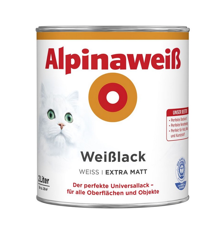 Alpinaweiß 2 L Weißlack Extra Matt 2in1 Grundierung & Lack, Acryl-Lack für 26 m²