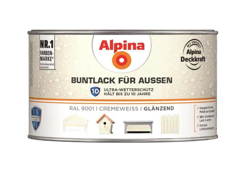 Alpina 300 ml Buntlack für Aussen Wetterschutz RAL 9001 Cremeweiss Glänzend