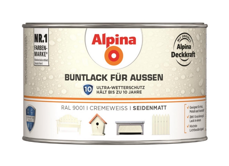 Alpina 300 ml Buntlack für Aussen Wetterschutz RAL 9001 Cremeweiss Seidenmatt
