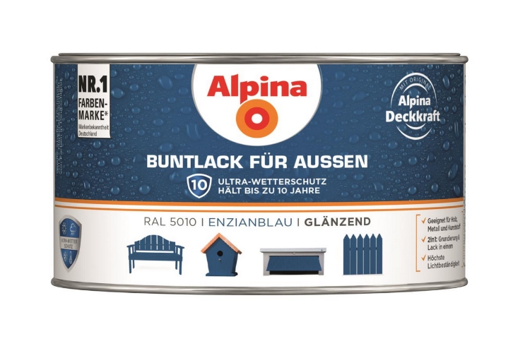Alpina 300 ml Buntlack für Aussen, Wetterschutz RAL 5010 Enzianblau Glänzend