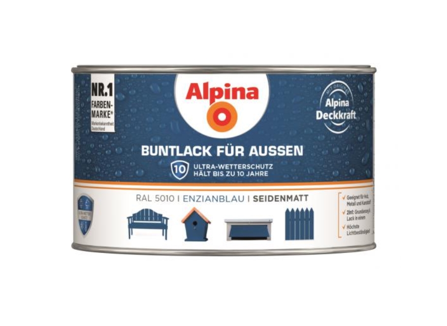 Alpina 300 ml Buntlack für Aussen, Wetterschutz RAL 5010 Enzianblau Seidenmatt