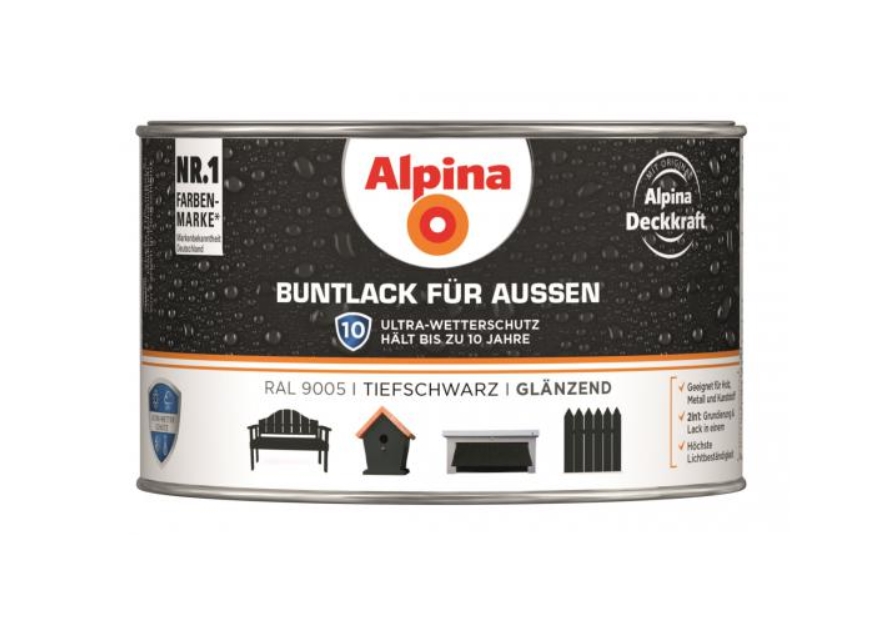 Alpina 300 ml Buntlack für Aussen, Wetterschutz RAL 9005 Tiefschwarz Glänzend