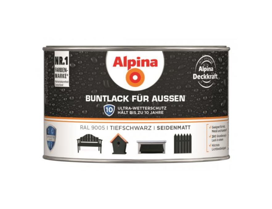 Alpina 300 ml Buntlack für Aussen, Wetterschutz RAL 9005 Tiefschwarz Seidenmatt