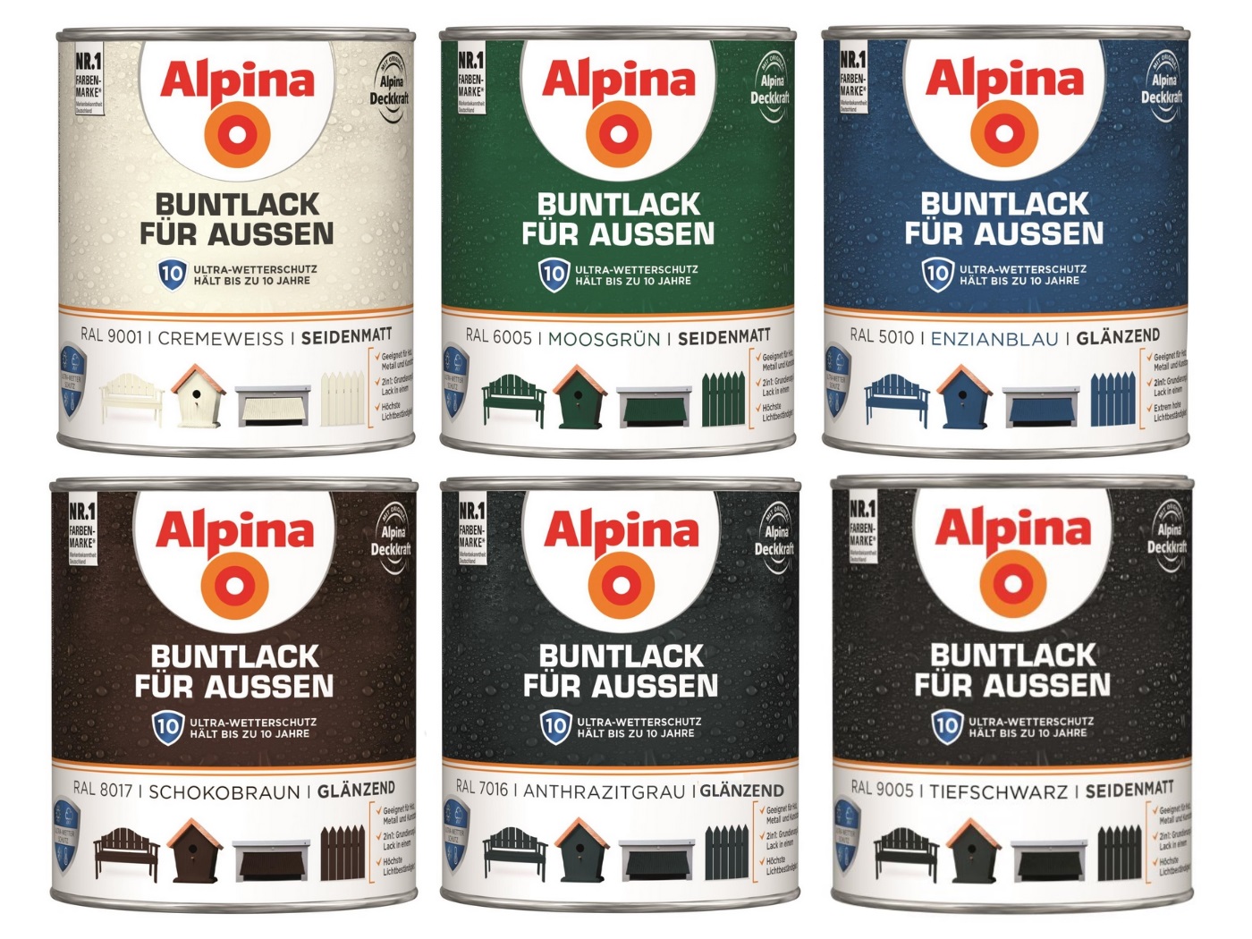 Alpina 750 ml Buntlack für Aussen Wetterschutz Farbwahl Seidenmatt / Glänzend