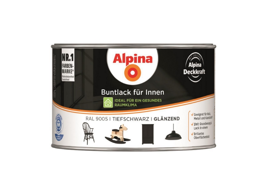 Alpina 300 ml Buntlack für Innen, Acryl-Lack RAL 9005 Tiefschwarz Glänzend