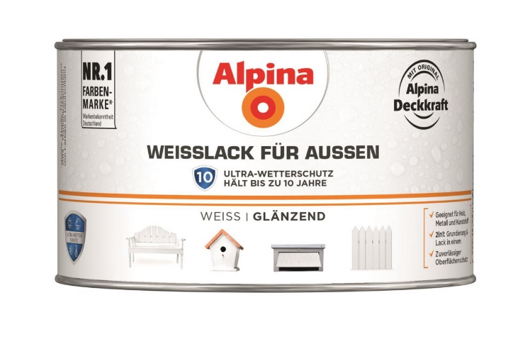 Alpina 300 ml Weisslack für Aussen, Wetterschutz Weiss Glänzend, hochdeckend
