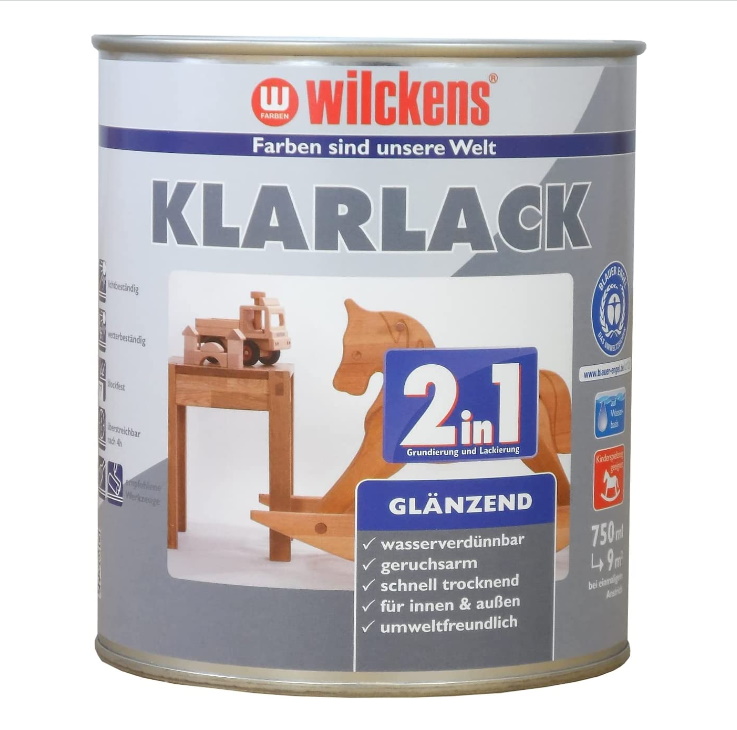 Wilckens 750 ml Klarlack 2in1 Glänzend, Acryl, wasserverdünnbar für ca. 9 m²