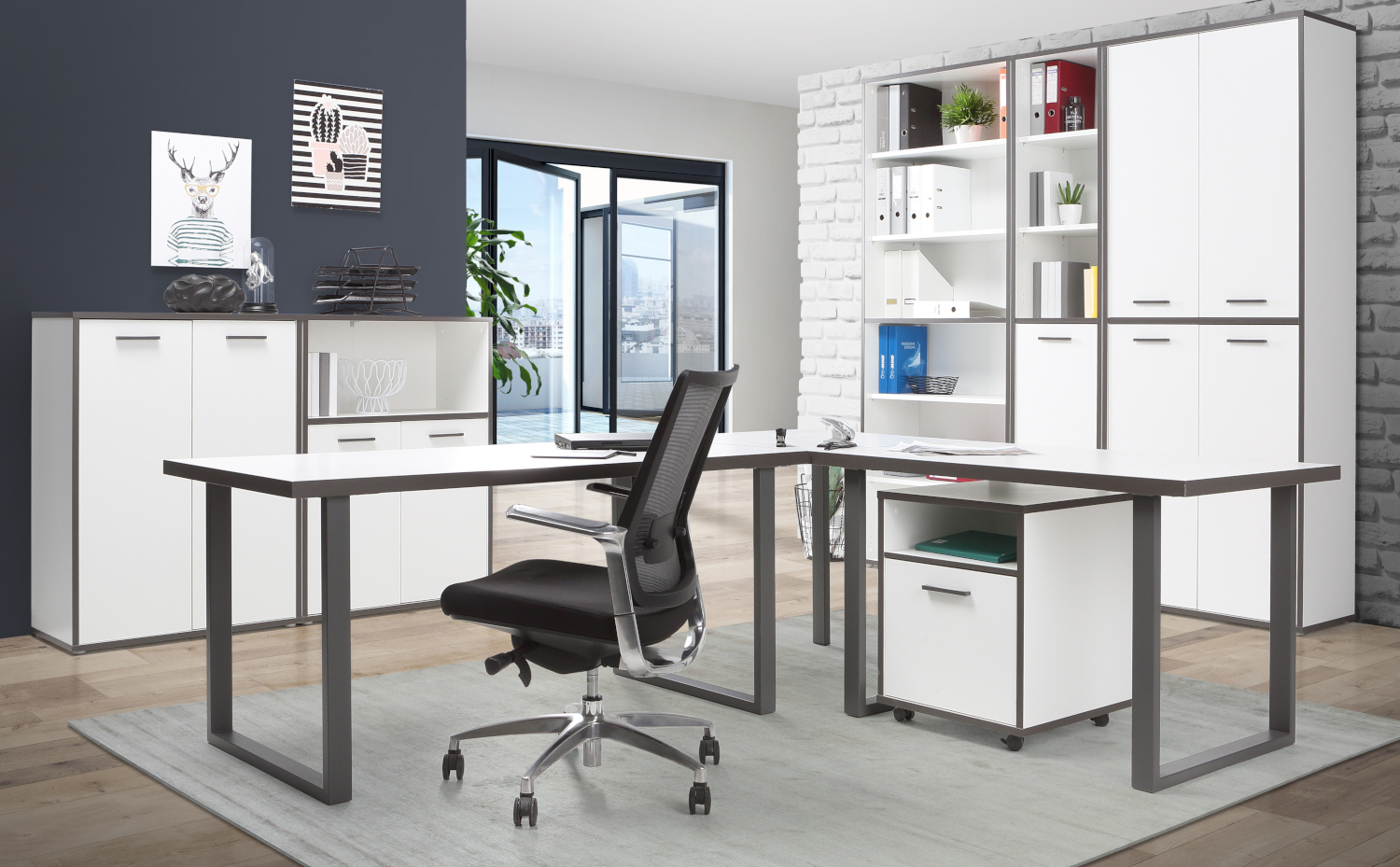 Büro Keflavik von Forte in Weiß und Wolfram Grau Möbel Komplett Set
