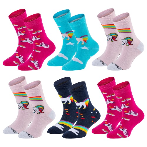 6 Paar TippTexx 24 Ökotex Kinder Socken Einhorn, handgekettelt, für  Mädchen/Jungen, weiche Baumwolle