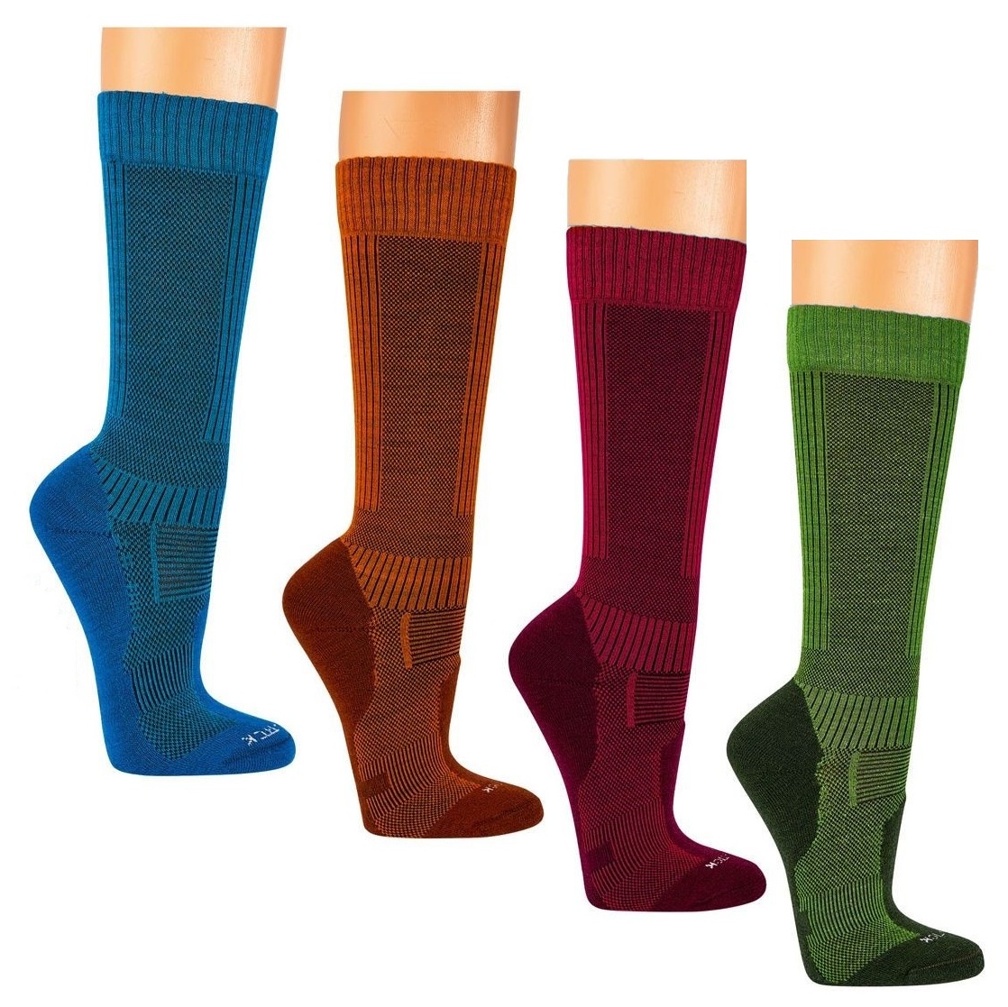 Merino-Trekkingsocken in Orange, Rot, Grün und Blau