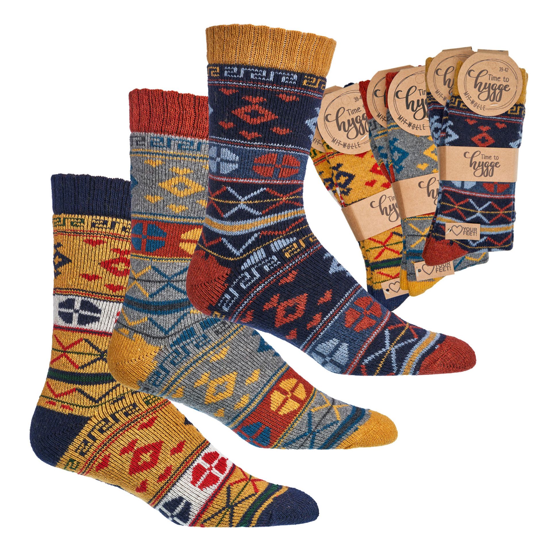 2 Paar Hygge Socken mit Wolle in Marine Grau und Senf